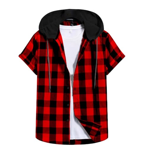 Men's Short Sleeve Hoodie Workout Gym Shirt Muscle Casual Loose Fashion Athletic Pullover Hooded Plaid Button T-Shirt