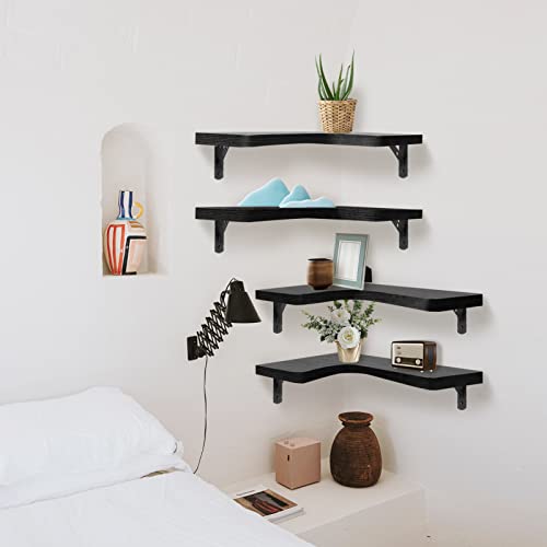 Manfuou Corner Floating Shelves Wall Set Of 4, Natural Mounted Rustic Wood Corner Display Shelves Floating Storage Shelves For Wall, Bedroom, Bathroom, Living Room, Kitchen, Office And More(Black) #TOP5