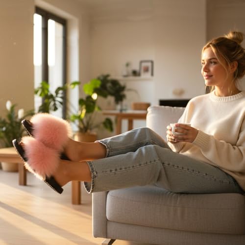 Image of Big Faux Fur Slides, Furry Slippers for Women Fuzzy Fluffy Sandals Shoes