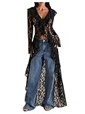 WDIRARA Women's Floral Lace Tie Front Blouse Long Bell Sleeve V Neck Ruffle Tops High Low Shirts Black Small