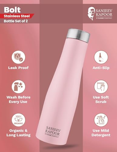 Image of CLASSIC ESSENTIALS Stainless Steel PURO Water Bottle 100% Leak Proof | Office Bottle | Gym Bottle | Hiking & Treking Bottle | Steel Water Bottle 1000 ml Bottle (Set of 2) (Pink)