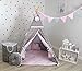 Produktbild TS Tipi Teepee 4 Zubehör Set Spielzelt Kinder Zelt Indianerzelt Kissen Decke 14 Farben (Grau-Rosa Sterne (5))