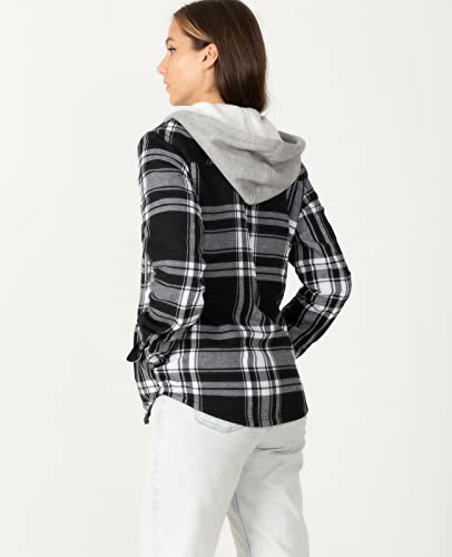 Womens Fleece Lined Hooded Flannel Shirt Jacket For Women Button Up Oversized Fuzzy Plaid Flannel Hoodie Jackets Bw L #TOP3