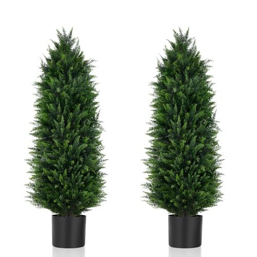 Yangrass 2Pack Artificial Topiary Cedar Trees, 4FT Artificial Cedar Pine Tree Potted UV Rated Plant Fake Plants Tall Artificial Plants Shrubs for Indoors Outdoors