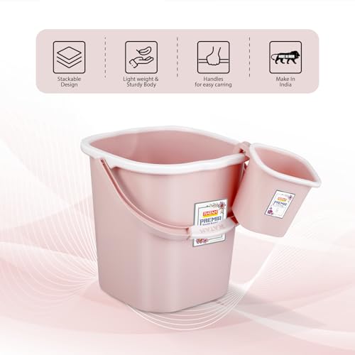 Image of RATAN PLASTICWARE Premia Bathroom Set (Bucket 25L X 1) + (Mug 1.5L X 1) + (Small Stool X 1) - Diaso Pink|Light Weight and Easy to Carry|Perfect for Use in Bathrooms, Kitchen & Wet Utility Areas