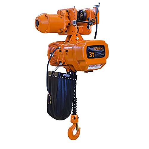 Prowinch 3 Ton Electric Chain Hoist with Electric Trolley 30ft Lifting Height G100 Chain Water Resistant Pendant Control M4/H3 Duty Cycle 3 Phase
