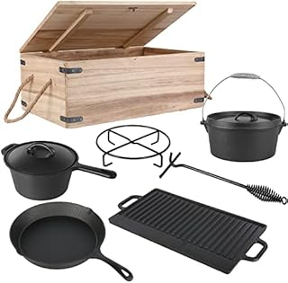 7 x Dutch Oven in Wooden Box, Dutch Oven Set, Including Cast Iron Fire Pot, lid lifter, Saucer, Grill Plate, Frying Pan and Saucepan for garden camping BBQ