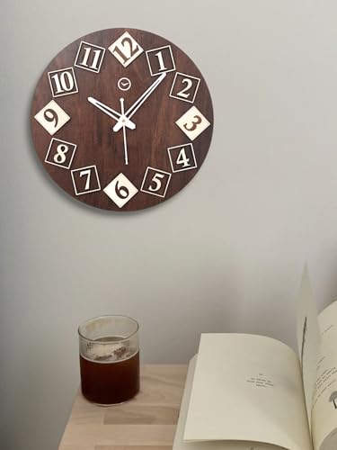 Image of cozyloom Antique Wooden Analog Wall Clock - Rustic Vintage-Style Classic Timepiece with Bold Number Blocks &Home, Living Room, Office Decor
