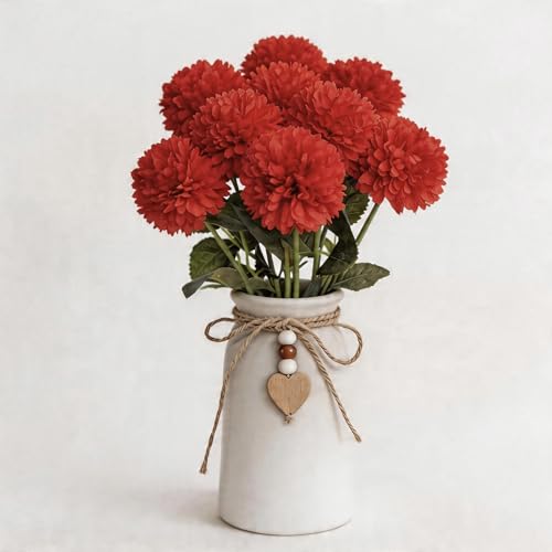 UoYeet Artificial Chrysanthemum Flower Arrangement in Vase with Jute Rope & Heart Charm Pendant, Red Faux Mums Decorative Table Centerpieces Flowers for Home, Celebration, Party Décor, 20 x 27 CM