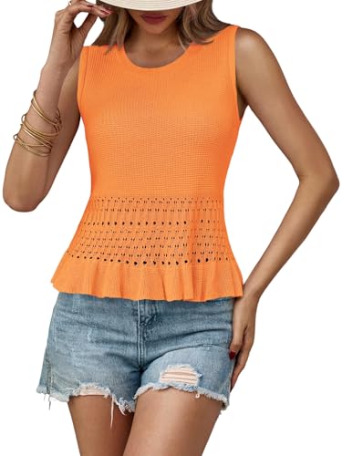 Image of Saodimallsu Womens Crochet Tank Top Sweater Vest | Sleeveless,Crew Neck,Pullover Top, Ruffle,Boho,Knit,Beach Vacation Outfits