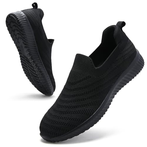 Women Trainers Slip On Shoes Ladies Memory Foam Arch Support Orthopedic Shoes Lightweight Comfort Nurse Work Shoes Fashion Walking Sneaker All Black UK 8