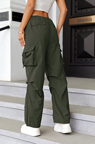 Miladusa Womens Cargo Pants Adjustable Waist Flowy Parachute Baggy Oversized Y2K Pants With Pockets Green #TOP1