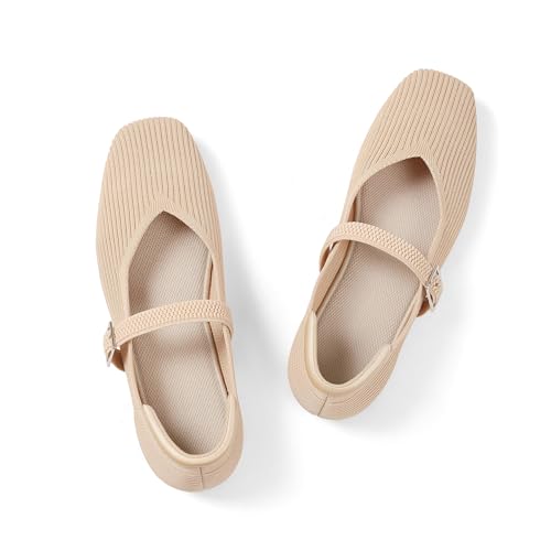 Image of CELNEPHO Flats for Women Mary Jane Shoes Casual Ballet Knit Flats Square Toe with Ankle Strap Dressy Comfortable Office Shoes