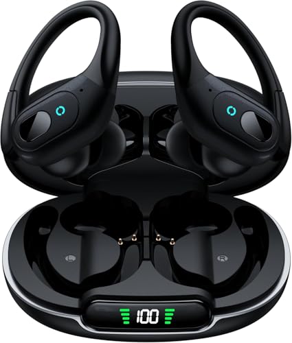 occiam Active Noise Cancelling Earbuds Wireless Bluetooth Headphones Ear Buds 90Hrs Playback Stereo Bass Earphones with Mic Over-Ear Hooks IPX7 Waterproof Headset for Work Sports Running Deep Black