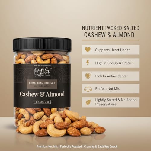 Image of LILA DRY FRUITS Flavoured Cashew Almond Mix 500 G x 2 (1 Kg) Himalayan Pink Salt Flavour Roasted Kaju Badam Crunchy Nuts | Healthy Namkeen Snack for Daily Munching Perfect for Gifting