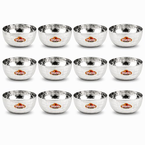 Image of Sharda Metals Hammered Stainless Steel Bowl Set | Small Wati Bowls for Curry Dal Soup Dessert Halwa Pudding | Traditional Katori & Mathar Serving Bowls for Kitchen Dining, 150 ml Volume - Set of 12