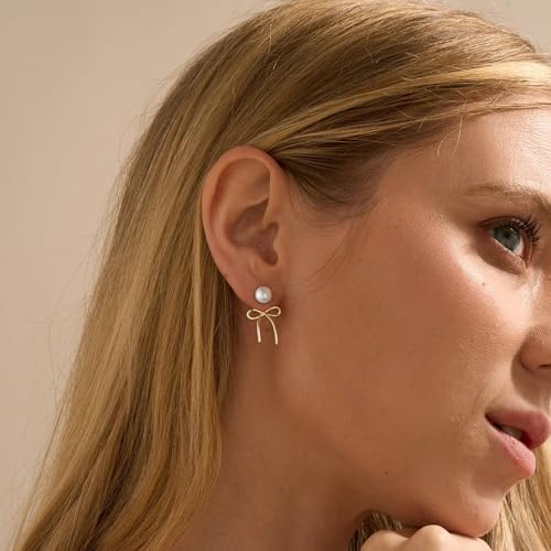 ASCOMY Gold Stud Earrings for Women - Dainty Bow 14K Gold/Silver Plated Pearl Earrings - Trendy Cute Ribbon Minimalist Jewelry Gifts for Her2