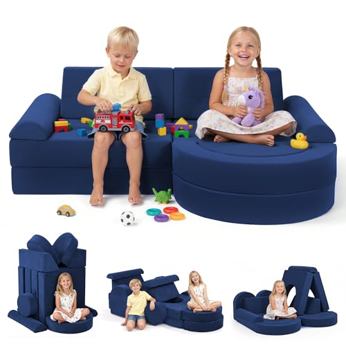 Fvkind Modular Kids Play Couch 16pcs, Kids Toddler Couch Building Fort for Playroom, Bedroom, Toddler Sectional Play Sofa, Convertible Foam Cushion Sofa for Boys and Girls, Blue