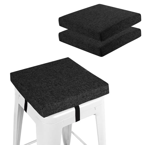 FlyGulls Square Bar Stool Cushions Non-Slip Chair Pads with Ties 2“ Thick Chair Cushions Set of 2 with Machine Washable Cover (Black, 12