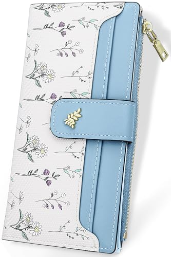 Image of Farcauo Wallet Women Slim Wallets for Women with RFID Blocking Cute Thin Blue Women's Wallet Kawaii Flower Womens Ladies Card Holder Wallets