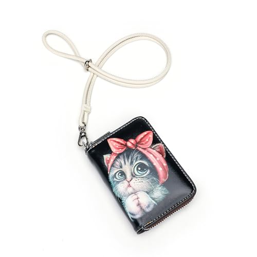 RFID Credit Card Holder Wallets for Women Leather Zipper Card Case for Ladies Holder Wallet with Neck Lanyard Black Bow Cat