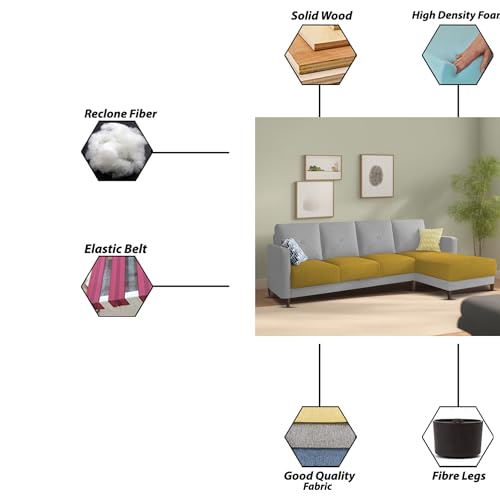 Image of Baloney RHS 6 Seater L Shape Sofa Set for Living Room (Yellow Grey Fabric) Premium Fabric Sofa
