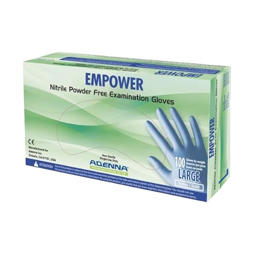 Adenna EPW446 Empower 8 mil Powder-Free Nitrile Exam Gloves, Medical Grade, Blue, Large, Box of 100