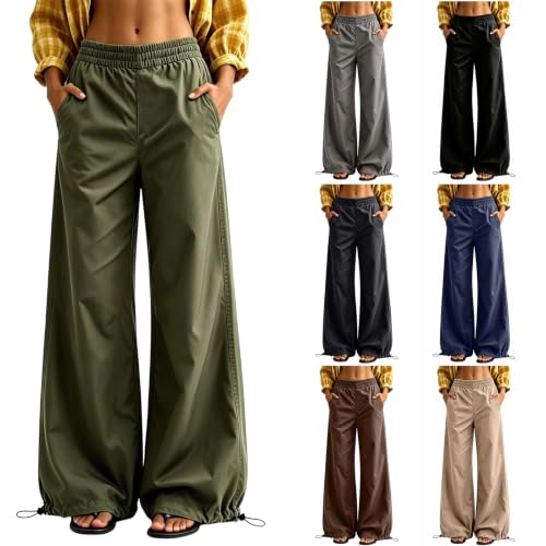 Hrwauag Women Wide Leg Pants Baggy Elastic High Waist Drawstring Hem Loose Fit Casual Trousers with Pockets Army Green