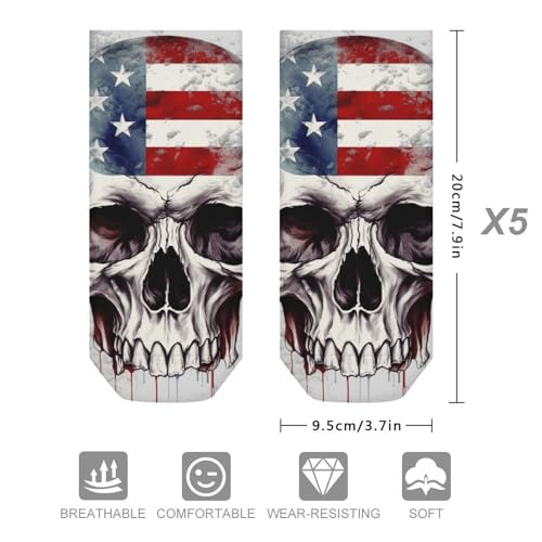 5 Pairs Ankle Socks Soft Breathable No Show Socks Comfortable Cotton Low Cut Casual Socks for Women Men American Flag Skull2