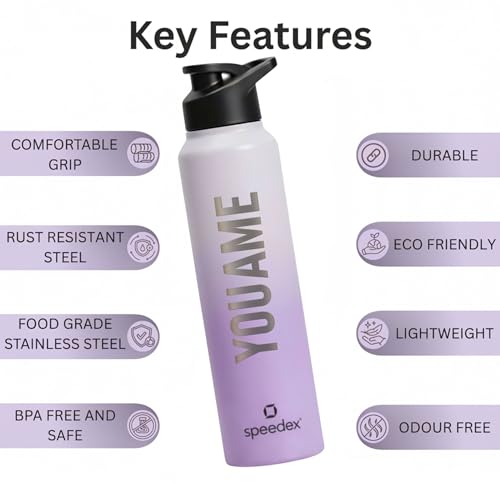 Image of Speedex Engraved Name Stainless Steel Sipper Water Bottle 1 Ltr - Customised Personalised Bottle for Kids & Adults, School, Gym, Sports, Black, Set of 1 (Dual Purple, Set Of 1)