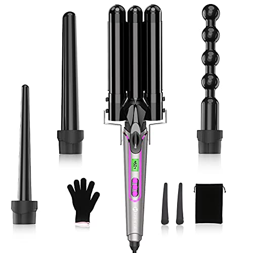 4 in 1 Curling Wand Set, LISHIVE Curling Iron Set Hair Wand Curler, 3 Barrel Curling Iron with Interchangeable Ceramic Barrels, Dual Voltage & LCD Display & Temp Adjustment
