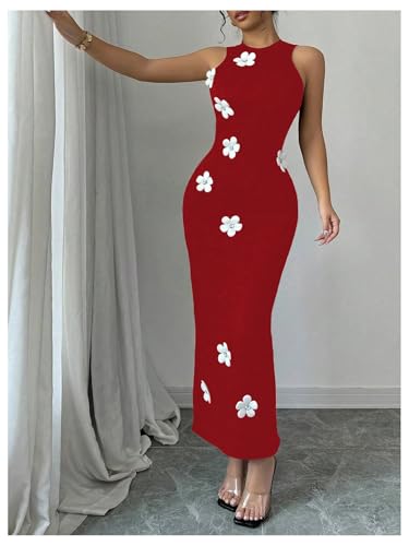 Image of GORGLITTER Women's Long Maxi Dresses 3D Floral Crewneck Sleeveless Knit Bodycon Wedding Guest Sun Dress 2025