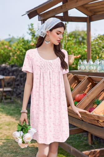 Image of Ekouaer Nightgowns for Women Pleated Sleep Shirts Short Sleeve Night Shirts Lace Trim Night Gown Ladies Sleep Dress