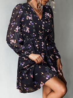 CUPSHE Women's Floral Print Chiffon A-Line Mini Dress Long Peasant Sleeves Elastic Autumn Dress