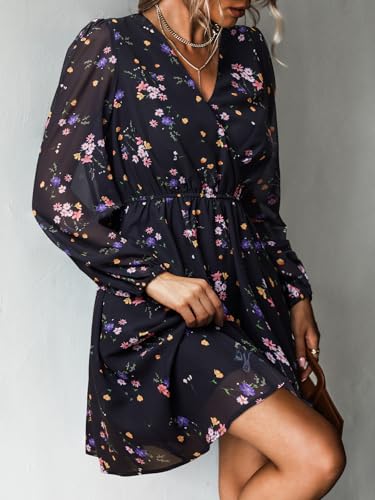 CUPSHE Women's Mini Dresses Casual Spring V Neck Chiffon Long Peasant Sleeves Flowy Autumn Dress