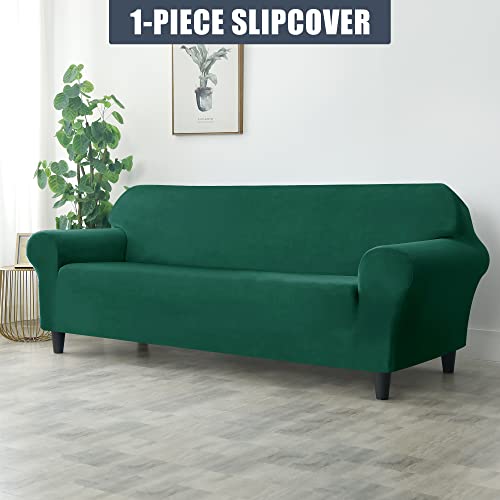 Stretch Sofa Slipcover, Soft Thick Velvet Couch Sofa Cover Furniture Protector With Elastic Bottom For Pets & Kids (Green, L) #TOP1