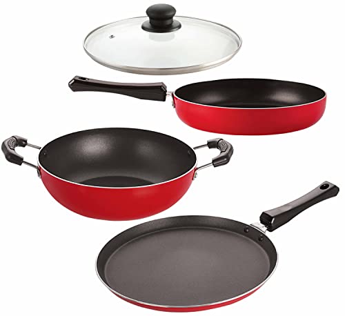 Image of Nirlon Nonstick Aluminium Cookware Set Standard, Dishwasher Safe, 4-Pieces, Red (Flat Tawa|Fry Pan|Deep Kadhai(B)|1 Glass Lid)-32mm FT11 FP12 DKD(B) 1GLID