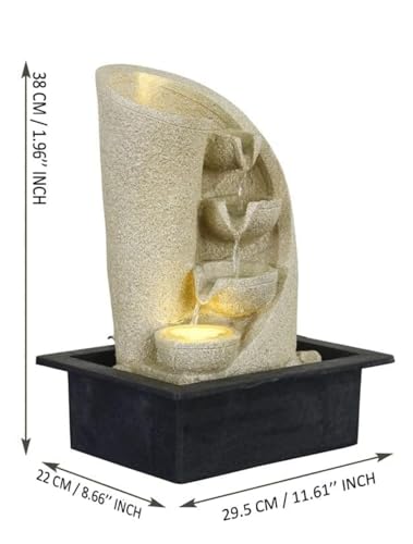 Image of UAG EXPORTS Modern 3-Step Curve Diya Indoor Water Fountain with LED | Cream Sandstone Tabletop Waterfall | Soothing Cascading Showpiece for Home Decor, Office, Mandir & Meditation Space