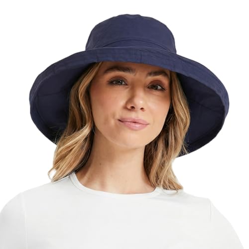 TOP-EX Wasserdichter Sonnenhut Damen Großer Kopf Breite Krempe UPF 50 mit Kinnriemen & Pferdeschwanzöffnung Packbarer & Faltbarer Fischerhut für Outdoor Sommer Gartenarbeit Atmungsaktiv Navy XL