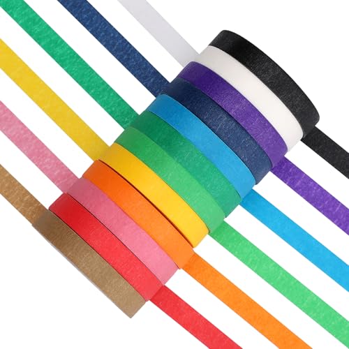 Fyguard 12 Rolls Rainbow Masking Tape 10mm x 13m Coloured Adhesive Tape Textured Paper Craft Tape for Classroom Decorations DIY Scrapbooking