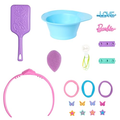 Barbie-Puppe Styling-Kopf, Blondes Haar mit mehr als 20 Styling-Zubehörteilen inklusive Stern, Schmetterling und Haarclips mit Farbwechsel, JFG81