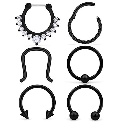 SCERRING 6PCS 16G Stainless Steel Hinged Seamless Septum Hoop Nose Ring Horseshoe Rings Cartilage Daith Tragus Clicker Retainer Body Piercing Jewelry Clear CZ Black