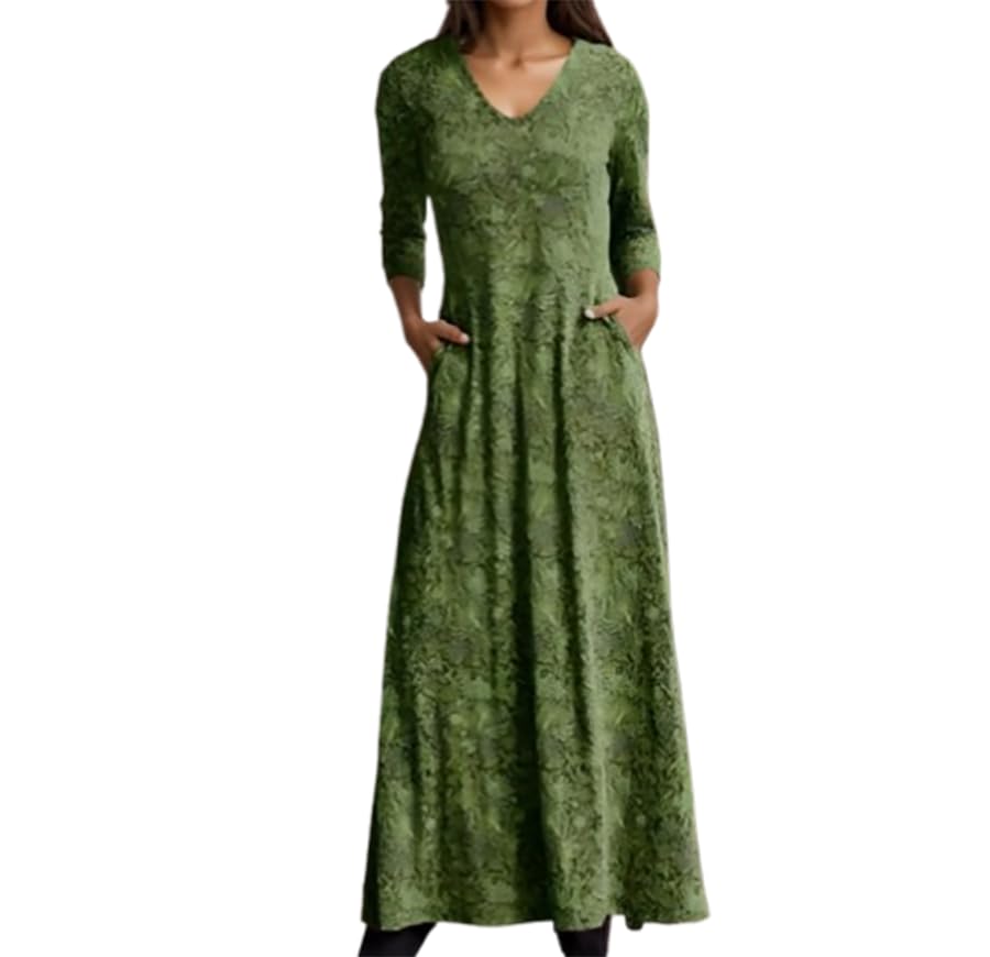 Women Boho Floral Print Long Sleeve Dress Spring V Neck Swing Maxi Dress Casual Loose Flowy Beach Dress with Pocket