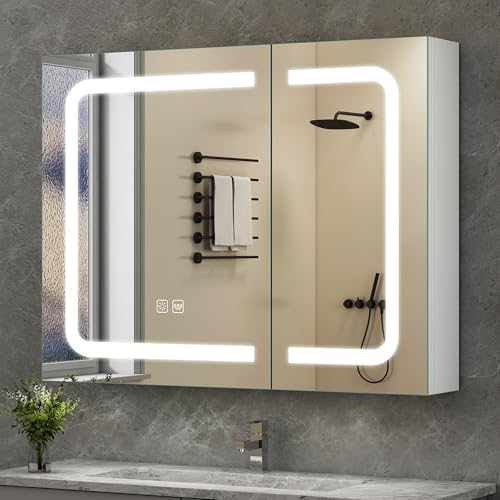 S'bagno Armario Espejo Baño con Luz 80x60 cm, Armario de Baño con Espejo y LED, Antivaho 3 Colores y Estantes Ajustable, IP44 Armario Baño con Espejo y Tomas, Vidrio Reforzado, Memoria, Blanco