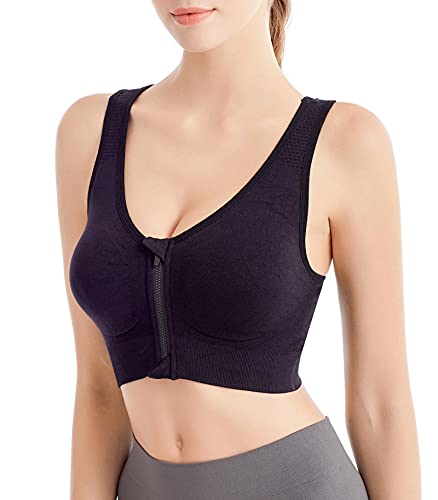 CLOUSPO Sports Bra Post Surgery Bra Zip Front Wireless with Removable Pads Yoga Bra for Workout Fitness(L,Grey+Black) - Image 2