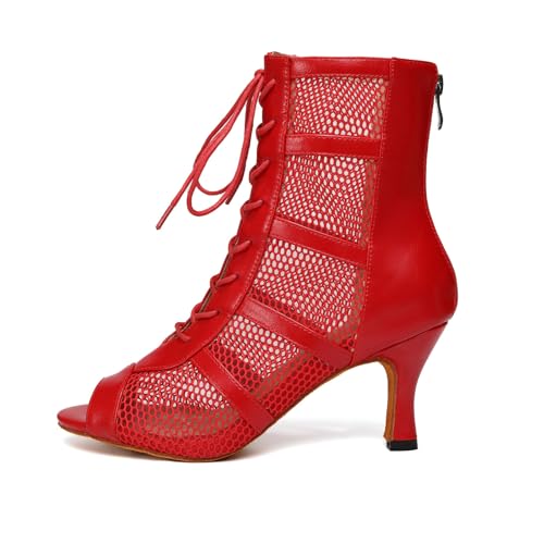 Image of AOQUNFS Women Ballroom Dance Shoes Lace-up Open Toe Ankle Boots Salsa Latin Dance Heels