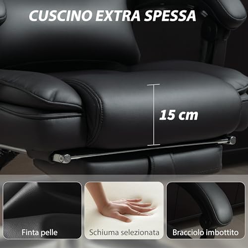 Sedia da Ufficio Ergonomica con Poggiapiedi e Supporto Lombare, in Pelle PU, Poltrona Direzionale Reclinabile 135° con Schienale Alto, Altezza e Poggiatesta Regolabile, Rotelle Girevole, Nero - Sedia gaming - Immagine 4