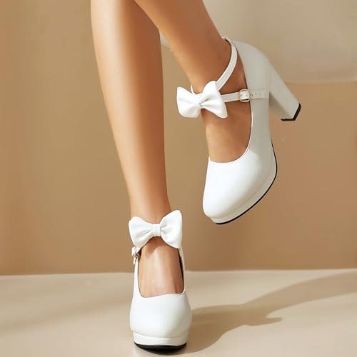 Image of ForeMode Fashion Women T-Strap High Heels Bow Platform Round Toe Pumps Leather Summer Sweet Shoes
