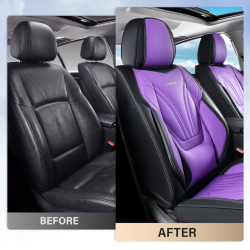 Image of Coverado Car Seat Covers Front Seats, 2 Piece Car Seat Protector with Lumbar Support & Removable Headrest, Breathable Leather Seat Cushion Universal Fit for Truck Automotive Vehicles Purple