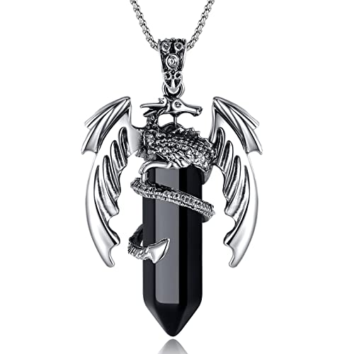 Xiannvxi Vintage Dragon Necklace For Men Women Black Obsidian Crystal Healing Stone Necklace Cool Simple Retro Natural Reiki Spirtural Witch Gemstone Pendant Jewelry #TOP10